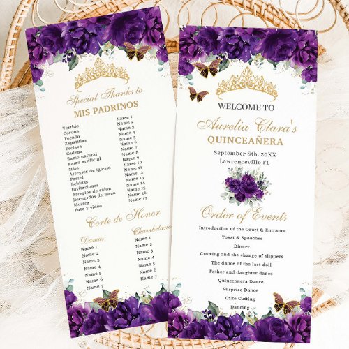 Dark Purple Floral Quincea&#241;era Order of Events Program