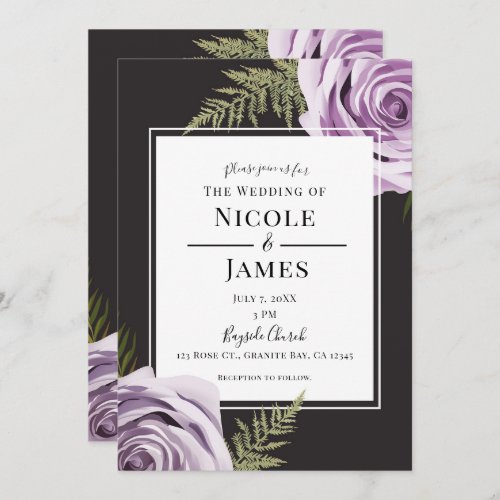 Dark Purple Floral Roses Shabby Chic Wedding Invitation