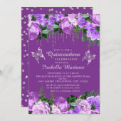 Dark Purple Floral Silver Butterflies Quinceañera  Invitation (Front/Back)