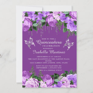 Dark Purple Floral Silver Butterflies Quinceañera Invitation