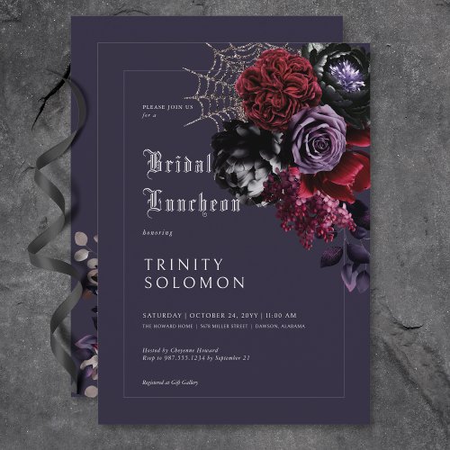 Dark Purple Floral  Silver Web Bridal Luncheon Invitation