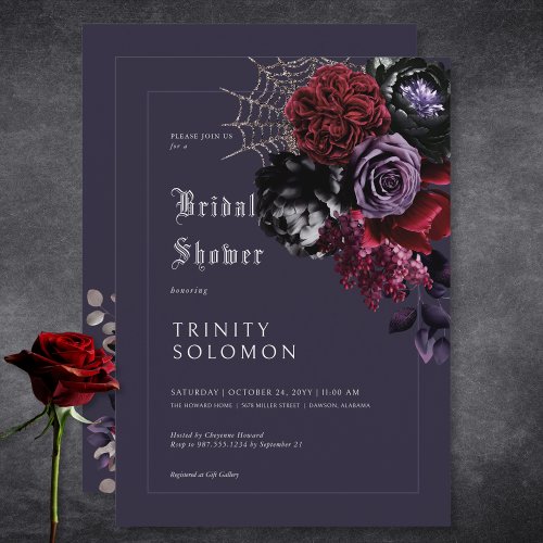 Dark Purple Floral  Silver Web Bridal Shower Invitation