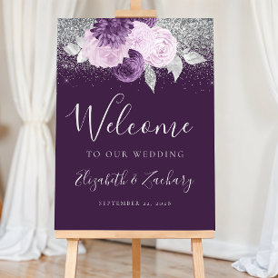 Dark Purple Floral Silver Wedding Welcome Foam Board