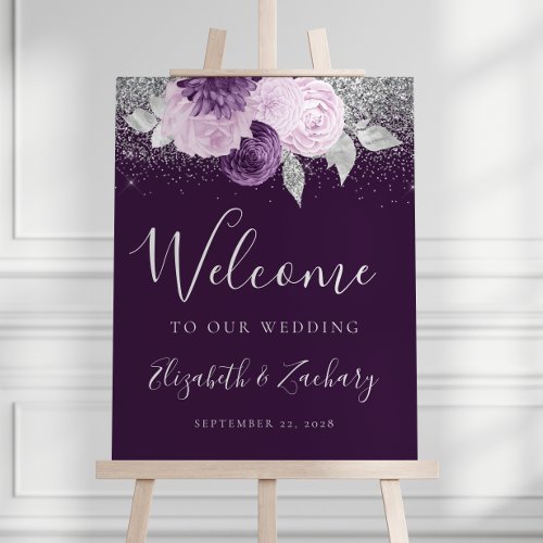 Dark Purple Floral Silver Wedding Welcome Foam Board