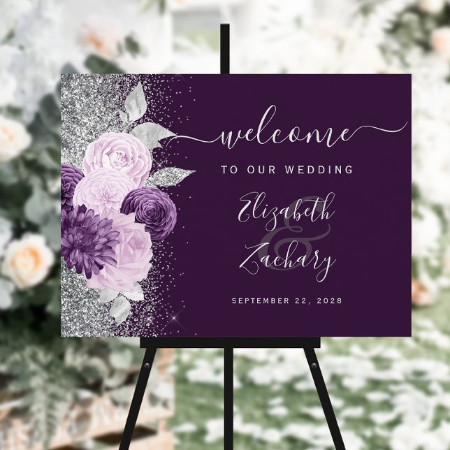 Dark Purple Floral Silver Wedding Welcome Foam Board (Creator Uploaded)
