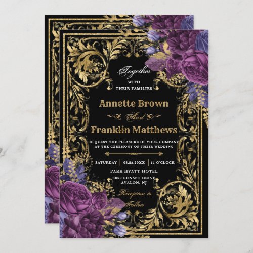 Dark Purple Floral Vintage Ornate Gold Wedding  Invitation
