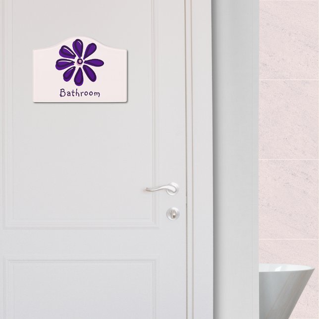 Dark Purple Flower Doodle Bathroom Door Sign (Dark Purple Flower Doodle Bathroom Door Sign, Purple Flower, Custom Text)