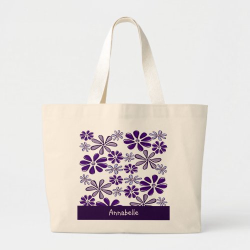 Dark Purple Flower Doodle Your Name Large Tote Bag