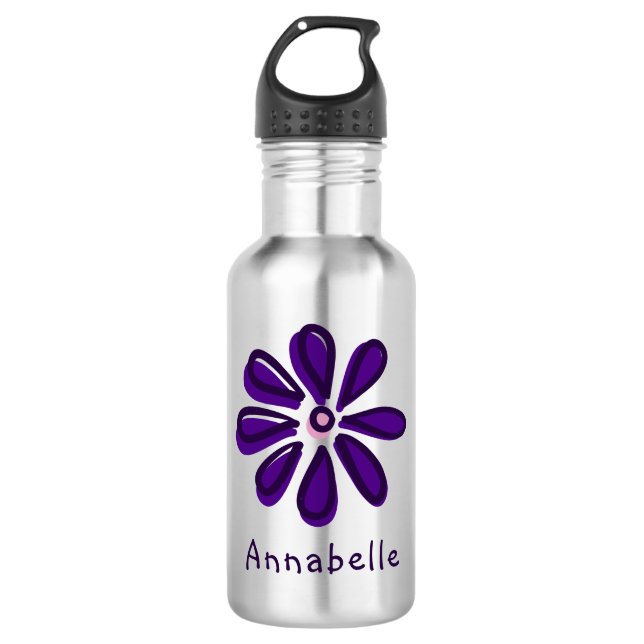 Dark Purple Flower Doodle Your Name Stainless Steel Water Bottle (Front)