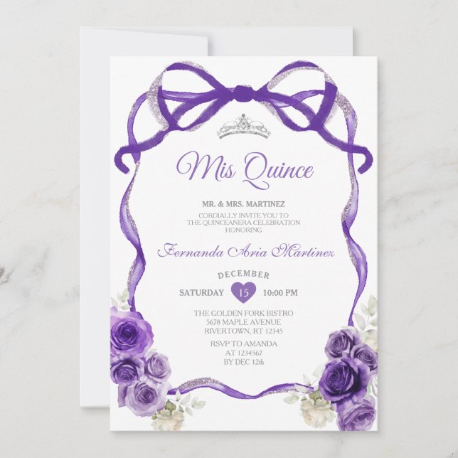 Dark Purple Flowers Bow Ribbon Silver Mis Quince Invitation (Front)