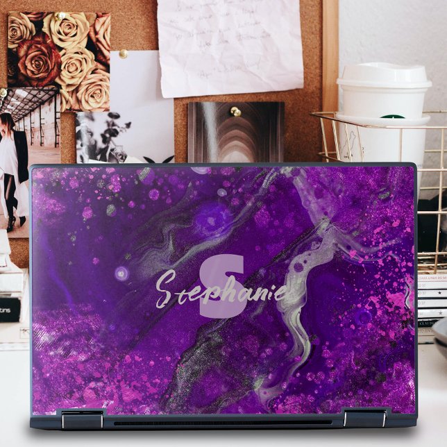 Dark Purple Fluid Marble Agate Monogram Name HP Laptop Skin (Creator Uploaded)