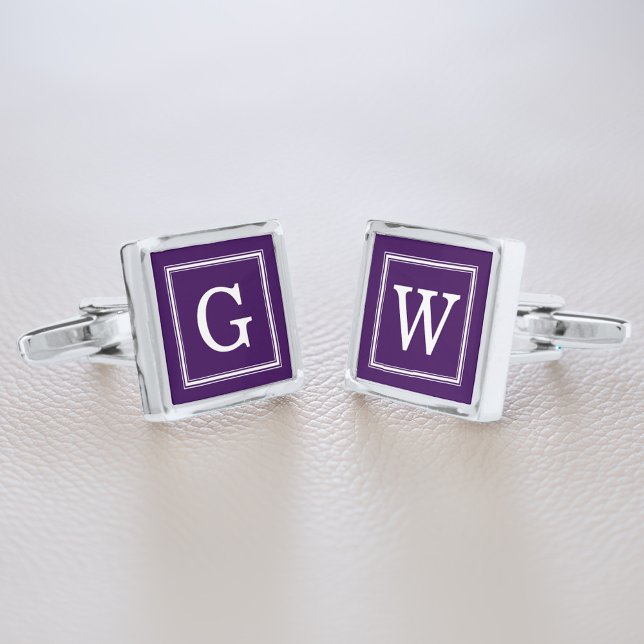 Dark Purple Framed Monogram Silver Cufflinks (Creator Uploaded)