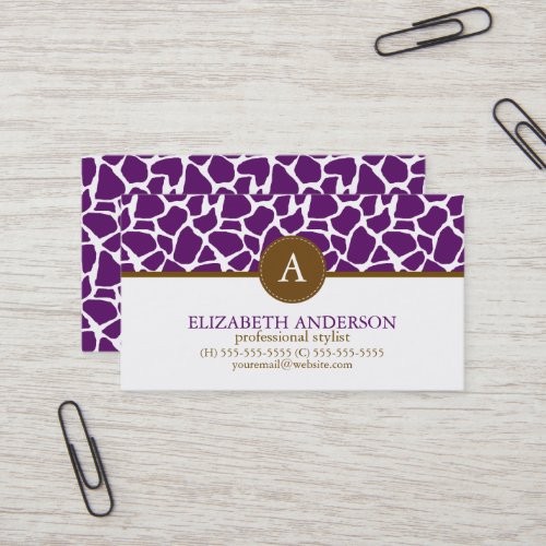 Dark Purple Giraffe Pattern Monogram Business Card Templates