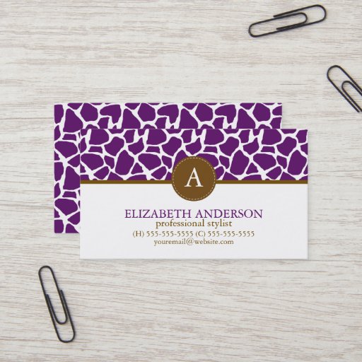Customizable Dark Purple Giraffe Pattern Monogram Business Card Templates