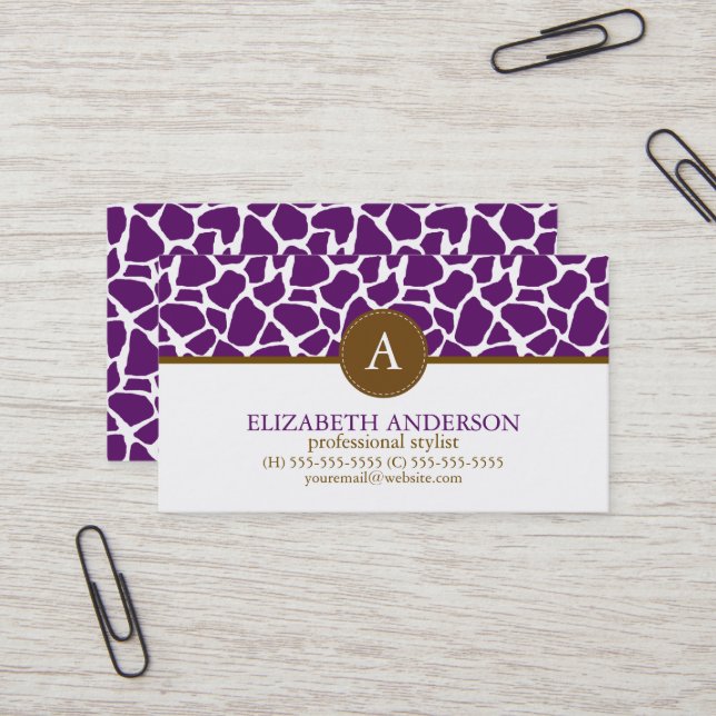 Dark Purple Giraffe Pattern Monogram Business Card (Front/Back In Situ)