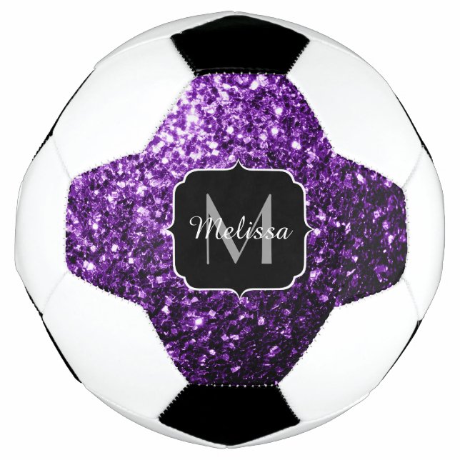 Dark purple glitter sparkle bling Monogram name Soccer Ball (Front)