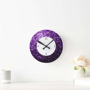 Dark Purple glitter sparkles with numbers Round Clock