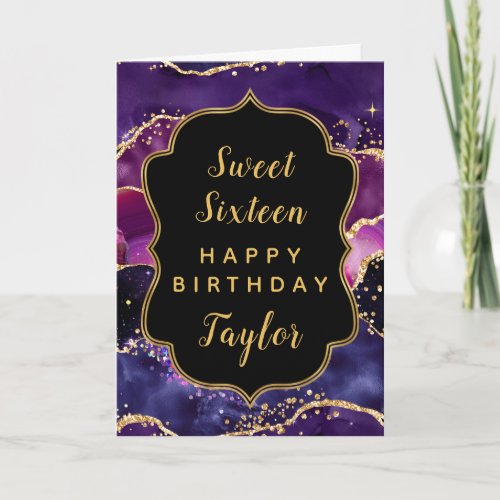 Dark Purple Gold Agate Sweet 16 Happy Birthday Card