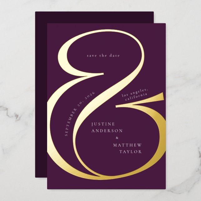 Dark Purple Gold Ampersand Typography Save Date Foil Invitation (Front/Back)