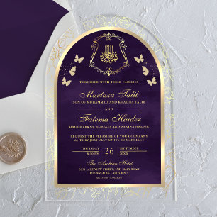 Dark Purple Gold Butterfly Arch Muslim Wedding Acrylic Invitations