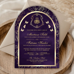 Dark Purple Gold Butterfly Arch Muslim Wedding Invitation