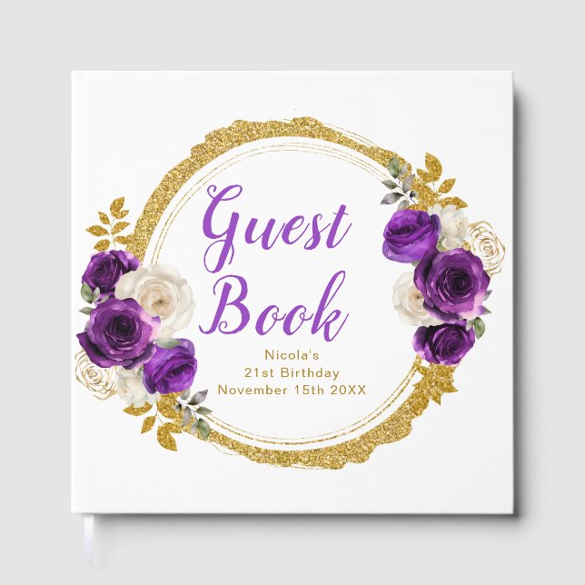 Dark Purple Gold Elegant Flowers Birthday Party Guest Book (Front)