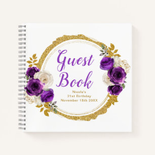 Dark Purple Gold Elegant Flowers Birthday Party Notebook