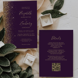 Dark Purple Gold Faux Glitter QR Code Wedding Invitation