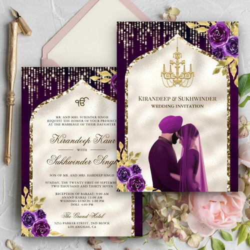Dark Purple Gold Floral Anand Karaj Sikh Wedding Invitation