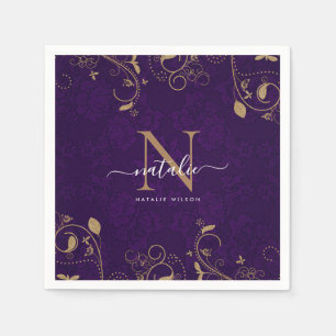 Dark Purple Gold Floral Ornaments Monogram Script Napkins