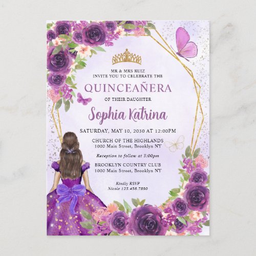 Dark Purple Gold Floral Princess Quinceaera Invitation Postcard