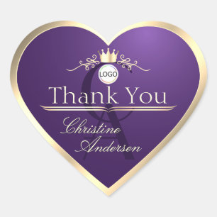 Dark Purple Gold Frame Logo and Monogram Thank You Heart Sticker