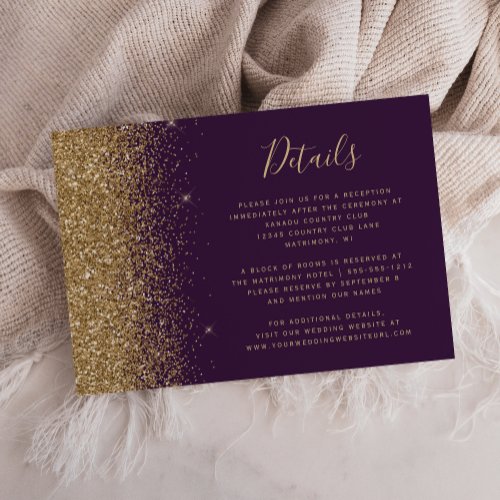 Dark Purple Gold Glitter Edge Wedding Details Enclosure Card