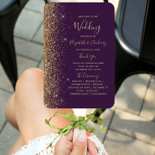 Dark Purple Gold Glitter Edge Wedding Program Hand Fan