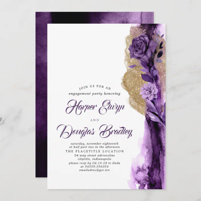 Purple And Glitter Look Gold Engagement Party Personalised Invitations 