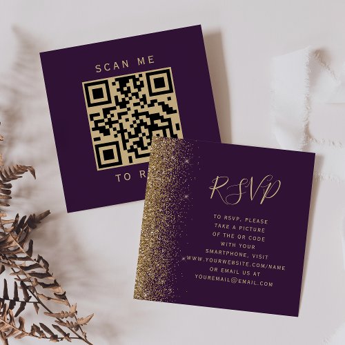 Dark Purple Gold Glitter Wedding QR Code RSVP Enclosure Card
