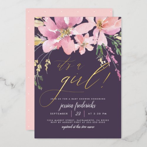 Dark Purple  Gold Its A Girl Floral Baby Shower Foil Invitation