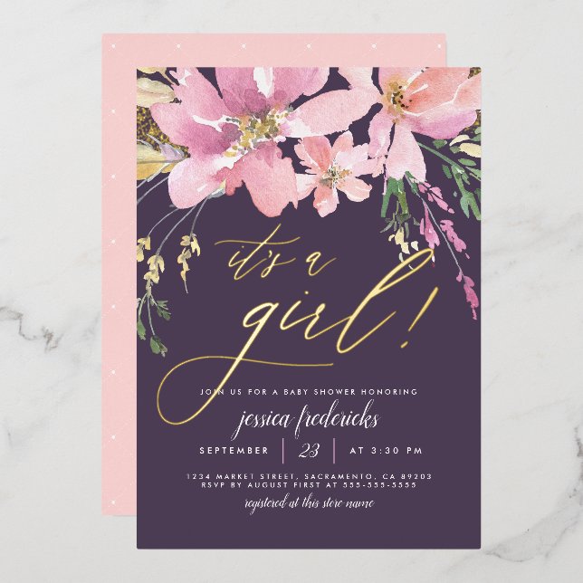 Dark Purple & Gold It's A Girl Floral Baby Shower Foil Invitation (Front/Back)