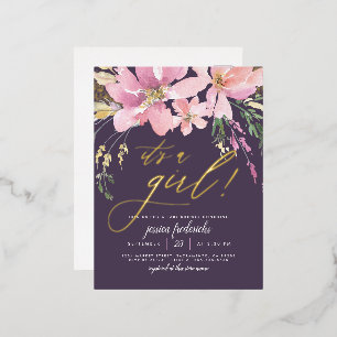 Dark Purple & Gold It's A Girl Floral Baby Shower Foil Invitation Postcard