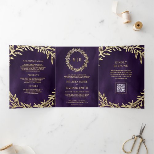 Dark Purple Gold Leaf Branch QR Code Wedding Tri-Fold Invitation