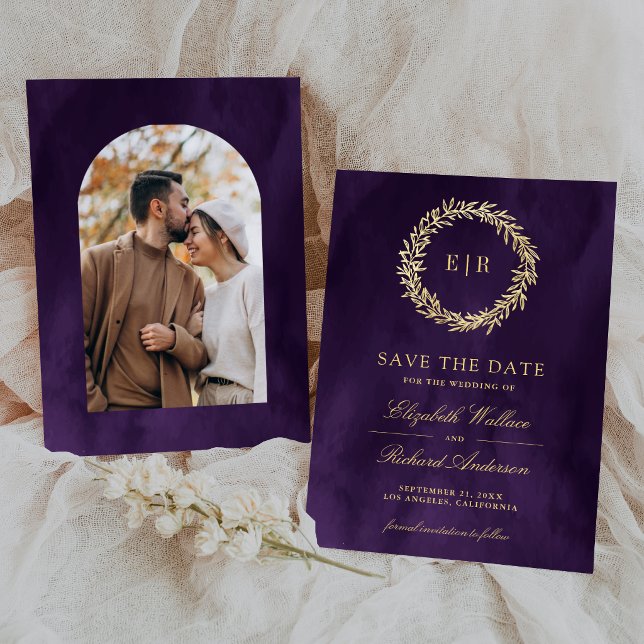 Dark Purple Gold Leaf Branch Wedding Photo Save The Date (Creator Uploaded)