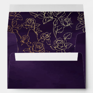 Dark Purple Gold Line Art Wedding Envelope