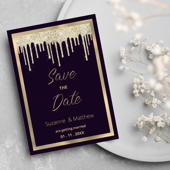 Dark purple gold luxury glitter drip Save the Date Invitation (Dark purple gold luxury glitter drip Save the Date )