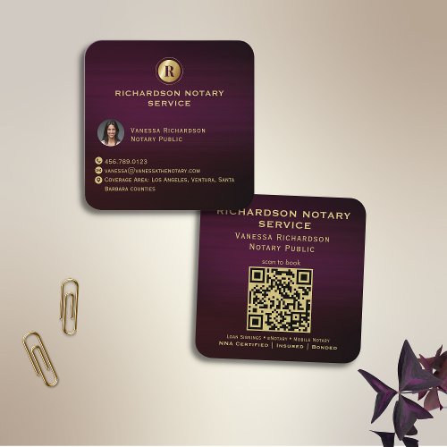 Dark Purple  Gold Monogram Sleek Notary QR Photo  Square Business Card