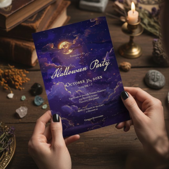 Dark Purple & Gold Moonlit Clouds Halloween Party Invitation (Creator Uploaded)