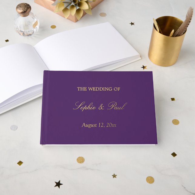 Dark Purple Gold Real Foil Wedding Guest Book (Front Open)