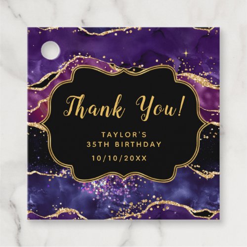 Dark Purple Gold Sequins Agate Birthday Thank You Favor Tags