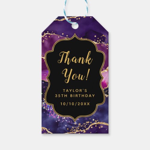 Dark Purple Gold Sequins Agate Birthday Thank You Gift Tags