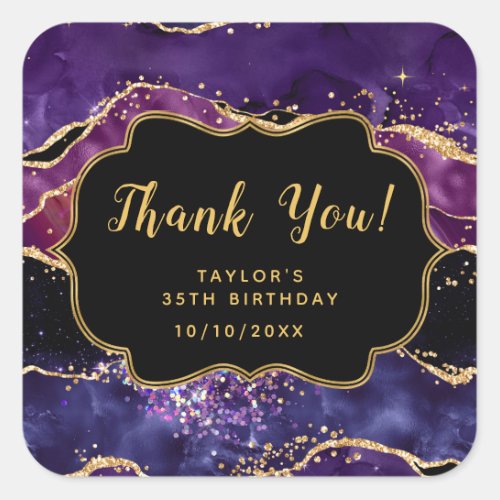 Dark Purple Gold Sequins Agate Birthday Thank You Square Sticker