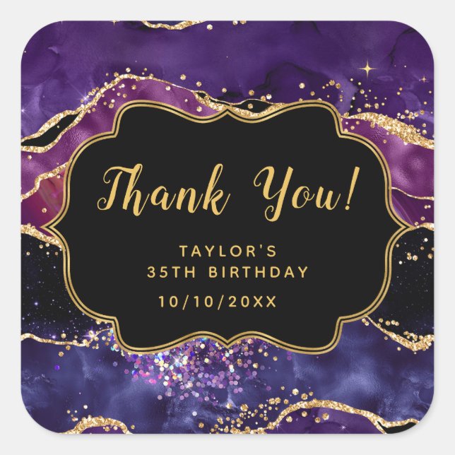 Dark Purple Gold Sequins Agate Birthday Thank You Square Sticker (Front)